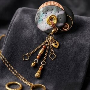 Vintage 90s Mixed Media Brooch, Postmodern Industrial Statement w/ Charm Dangles